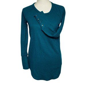 Chaser Women Small Blue green Tell Long Sleeve Button Waffle Knit Thermal Shirt